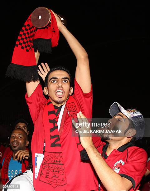 Al-Rayyan's player Abdullah Talib Afifa celebrates after his team beat Umm Salal 1-0 in the Qatari's clubs' Emir Cup final football match in Doha on...