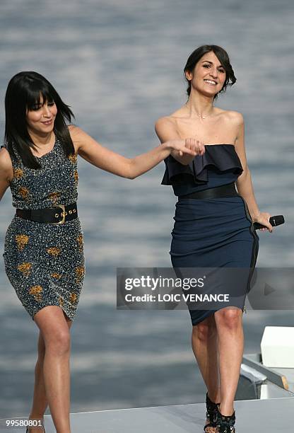 French actress Geraldine Nakache and Leila Bekhti arrive to attend Canal Plus TV program "Le Grand Journal" on May 15, 2010 in Cannes, at the 63rd...
