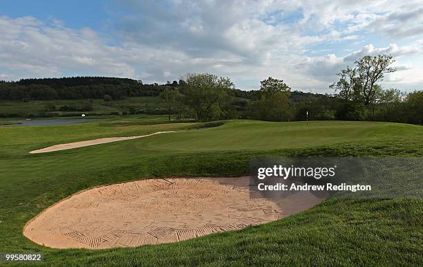 General view of the par 3, seventh hole on the Twenty Ten Ryder Cup Course at The Celtic Manor Resort on May 14, 2010 in Newport, Wales.