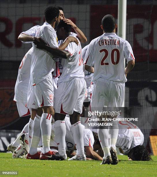 Nancy's players celebrate after scoring a goal during the French L1 football match Nancy vs Valenciennes at the Marcel Picot Stadium, on May 15, 2010...