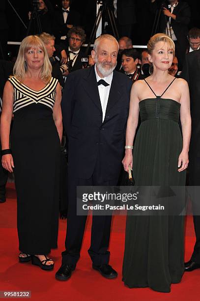 Producer Georgina Lowe, Director Mike Leigh and actress Lesley Manville attend the "Another Year" Premiere at the Palais des Festivals during the...