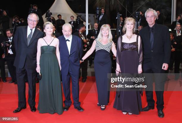 Actor Jim Broadbent with actress Lesley Manville, director Mike Leigh,producer Georgina Lowe and actress Ruth Sheen and producer Dick Pope attend the...