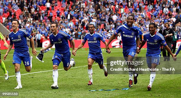 John Terry , Frank Lampard, Ashley Cole, Didier Drogba and Florent Malouda of Chelsea celebrate at the end of the FA Cup sponsored by E.ON Final...