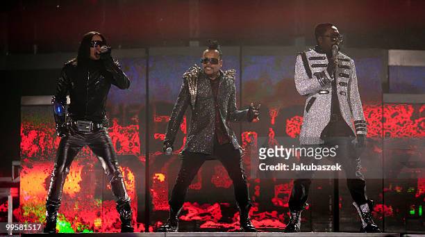 Singers Taboo, Apl De Ap and will.i.am of the US-American hip-hop band Black Eyed Peas perform live during a concert at the O2 World on May 15, 2010...