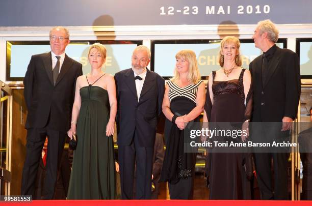 Actors Jim Broadbent, Lesley Manville, director Mike Leigh, guest, Ruth Sheen and cinematographer Dick Pope attend the 'Another Year' premiere held...