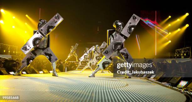 Dancers of the US-American hip-hop band Black Eyed Peas performs live during a concert at the O2 World on May 15, 2010 in Berlin, Germany. The...