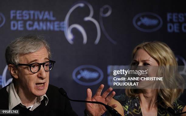 Director Woody Allen and British-born Australian actress Naomi Watts speak during the press conference of "You Will Meet a Tall Dark Stranger"...