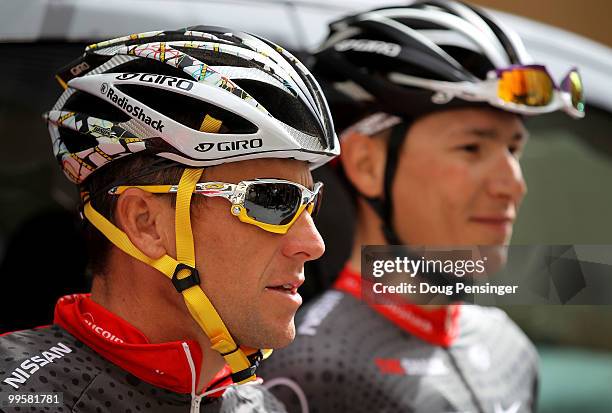 Lance Armstrong of the USA and teammate Janez Brajkovic of Slovenia riding for Team Radio Shack pose for a team photo prior the 2010 Tour of...