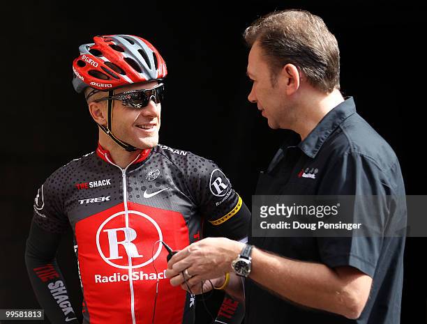 Levi Leipheimer of the USA riding for the Team Radio Shack talks with his director Johan Bruyneel prior to a training ride in preparation for the...