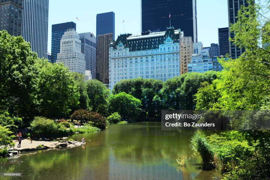 The Plaza hotel and condominium building, as seen from across the Pond in Central Park, NYC..