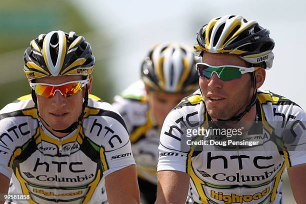 Mark Renshaw of Australia and Mark Cavendish of Great Britain of the HTC-Columbia Team take a training ride in preparation for the 2010 Tour of...