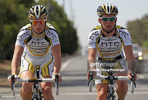 Mark Renshaw of Australia and Mark Cavendish of Great Britain of the HTC-Columbia Team take a training ride in preparation for the 2010 Tour of...