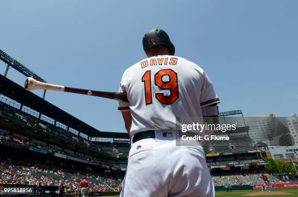 Chris Davis of the Baltimore Orioles warms up during the game against the Los Angeles Angels at Oriole Park at Camden Yards on July 1, 2018 in...