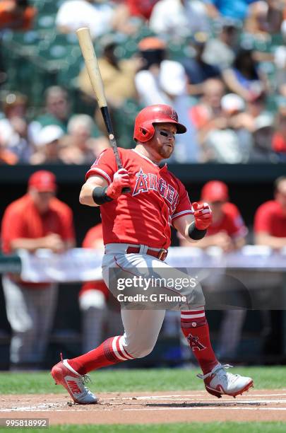 Kole Calhoun of the Los Angeles Angels bats against the Baltimore Orioles at Oriole Park at Camden Yards on July 1, 2018 in Baltimore, Maryland.