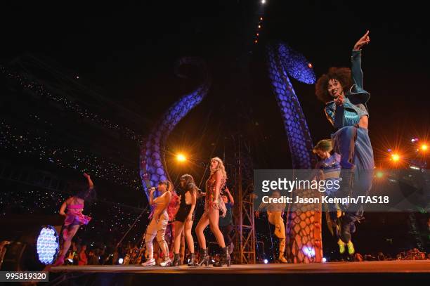 Charli XCX, Camila Cabello, and Taylor Swift perform onstage during the Taylor Swift reputation Stadium Tour at FedExField on July 10, 2018 in...
