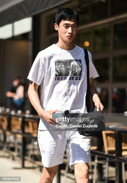 Model is seen outside the Parke and Ronen show during the 2018 New York City Men's Fashion Week on July 10, 2018 in New York City.