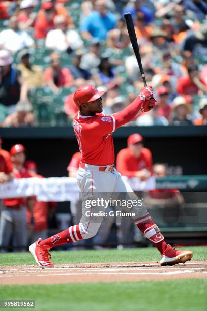 Justin Upton of the Los Angeles Angels bats against the Baltimore Orioles at Oriole Park at Camden Yards on July 1, 2018 in Baltimore, Maryland.