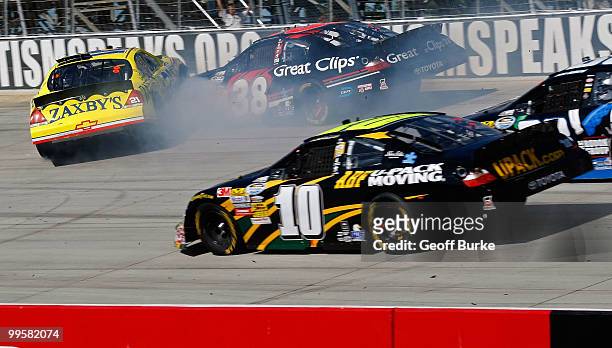 Clint Bowyer, driver of the Zaxby's Chevrolet, collides with Kasey Kahne, driver of the Great Clips Toyota, during the NASCAR Nationwide Series...