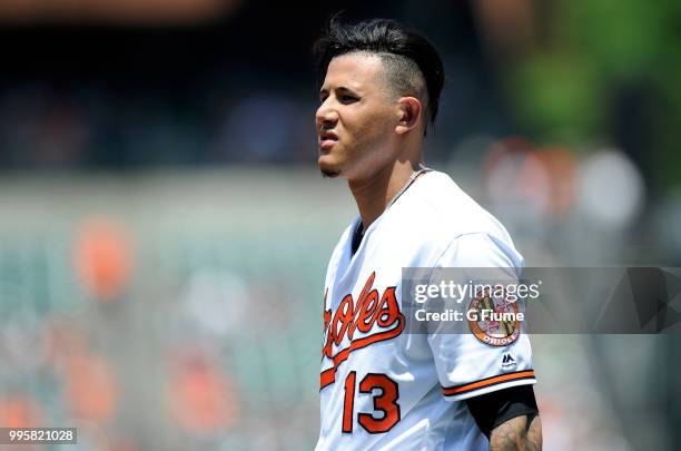 Manny Machado of the Baltimore Orioles walks to the dugout during the game against the Los Angeles Angels at Oriole Park at Camden Yards on July 1,...