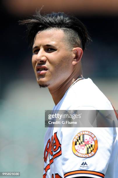 Manny Machado of the Baltimore Orioles walks to the dugout during the game against the Los Angeles Angels at Oriole Park at Camden Yards on July 1,...