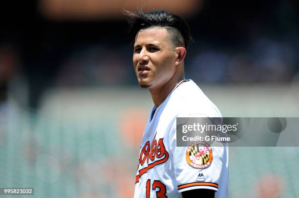 Manny Machado of the Baltimore Orioles walks to the dugout during the game against the Los Angeles Angels at Oriole Park at Camden Yards on July 1,...