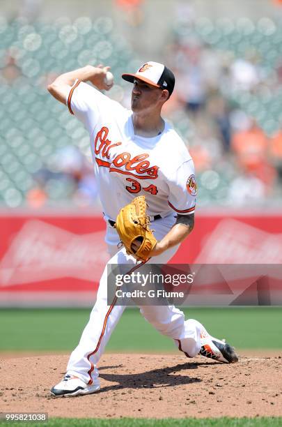 Kevin Gausman of the Baltimore Orioles pitches against the Los Angeles Angels at Oriole Park at Camden Yards on July 1, 2018 in Baltimore, Maryland.