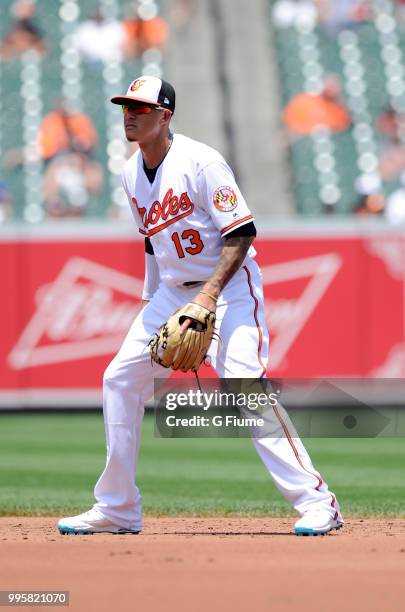 Manny Machado of the Baltimore Orioles plays shortstop against the Los Angeles Angels at Oriole Park at Camden Yards on July 1, 2018 in Baltimore,...