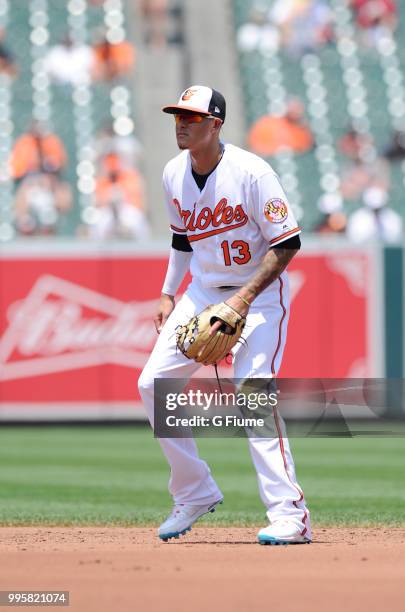 Manny Machado of the Baltimore Orioles plays shortstop against the Los Angeles Angels at Oriole Park at Camden Yards on July 1, 2018 in Baltimore,...