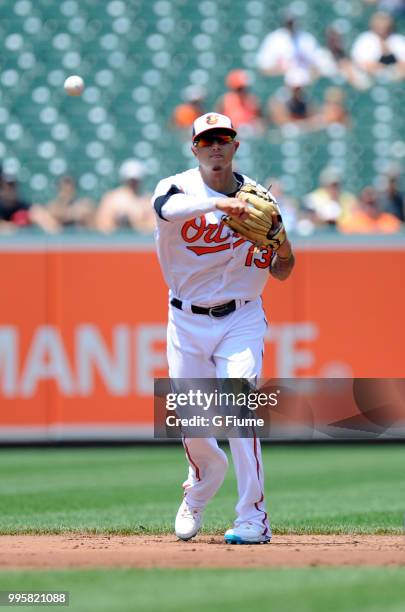 Manny Machado of the Baltimore Orioles throws the ball to first base against the Los Angeles Angels at Oriole Park at Camden Yards on July 1, 2018 in...