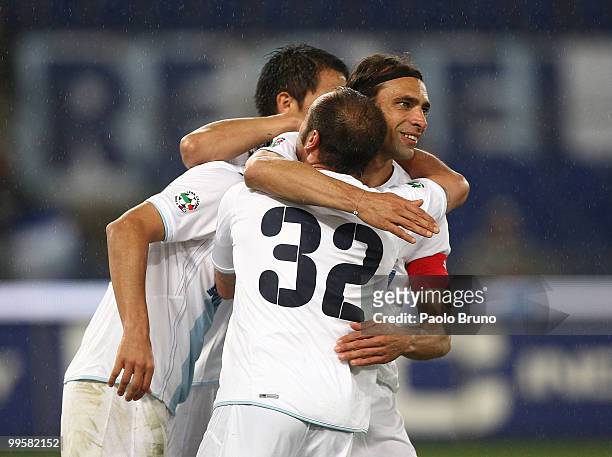 Cristian Brocchi with his teammate Sebastiano Siviglia of SS Lazio celebrates after scoring his third goal during the Serie A match between SS Lazio...