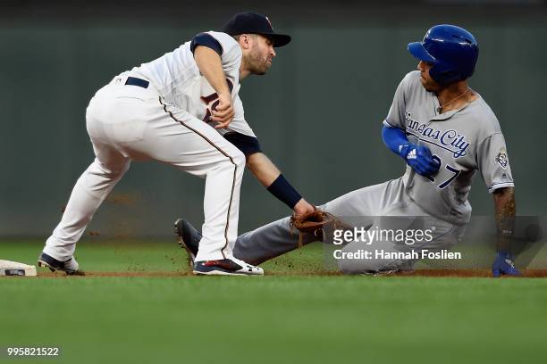 Brian Dozier of the Minnesota Twins catches Adalberto Mondesi of the Kansas City Royals stealing second base during the fifth inning of the game on...