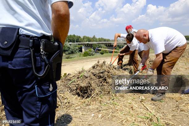 Inmates of the Rebibbia prison, work using garden tools, sharp implements, shears and trimmers, under the supervision of the prison guard, as part of...