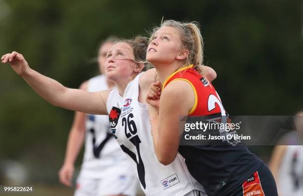 Central's Montana Mckinnon competes with Amy Dunn during the AFLW U18 Championships match between Vic Country and Central Allies at Broadbeach Sports...