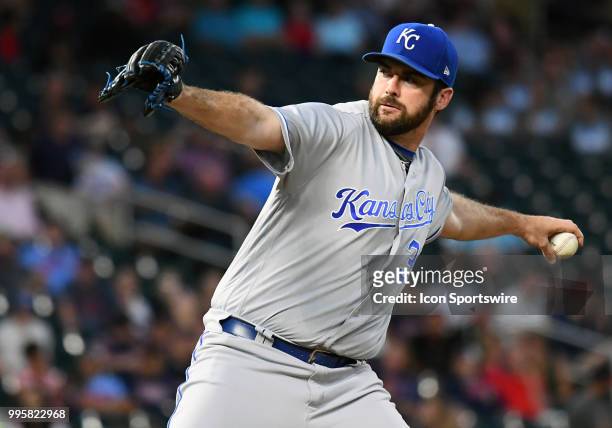 Kansas City Royals Pitcher Brian Flynn delivers a pitch during a MLB game between the Minnesota Twins and Kansas City Royals on July 10, 2018 at...