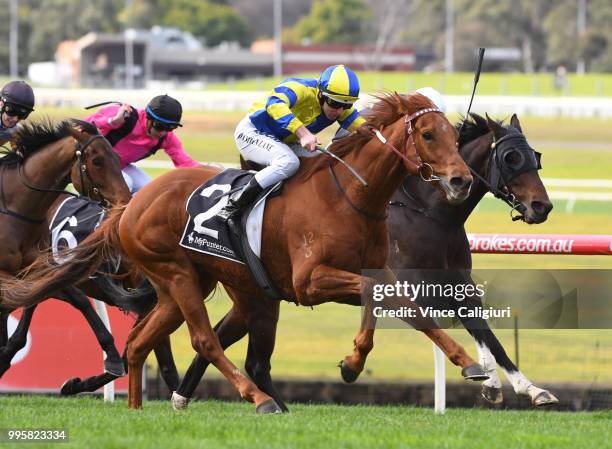 Damian Lane riding Thunder Cloud winning Race 4 during Melbourne Racing at Sandown Lakeside on July 11, 2018 in Melbourne, Australia.