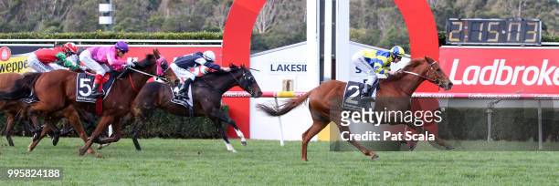 Thunder Cloud ridden by Damian Lane wins the Mypunter.com Handicap at Ladbrokes Park Lakeside Racecourse on July 11, 2018 in Springvale, Australia.