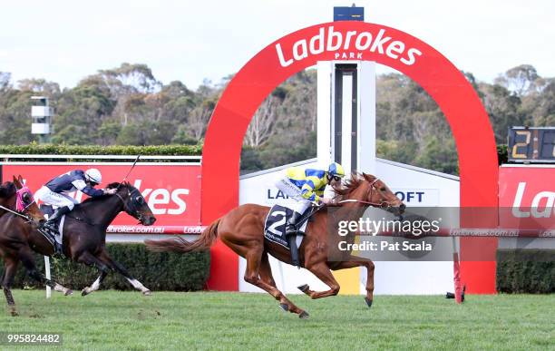 Thunder Cloud ridden by Damian Lane wins the Mypunter.com Handicap at Ladbrokes Park Lakeside Racecourse on July 11, 2018 in Springvale, Australia.
