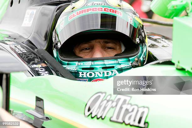 Tony Kanaan of Andretti Autosport sits in Danica Patricks car during opening day at the Indianapolis Motor Speedway on May 15, 2010 in Indianapolis,...