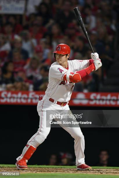 Los Angeles Angels of Anaheim designated hitter Shohei Ohtani during an at bat in the third inning of a game against the Seattle Mariners played on...