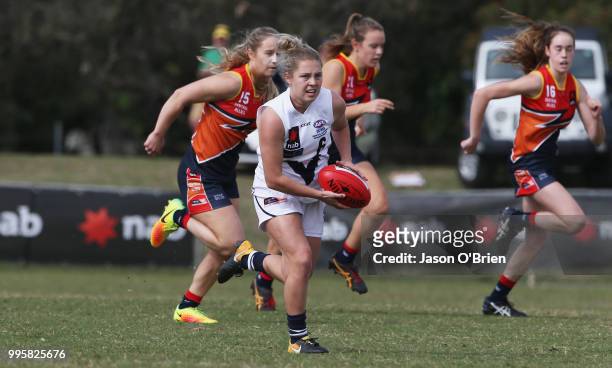 Vic Country's Tyla Hanks in action during the AFLW U18 Championships match between Vic Country and Central Allies at Broadbeach Sports Club on July...