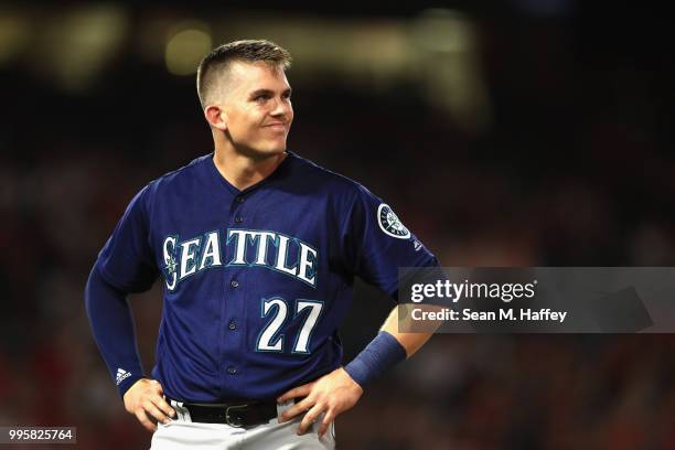 Ryon Healy of the Seattle Mariners looks on after flying out during the sixth inning of a game against the Los Angeles Angels of Anaheim at Angel...