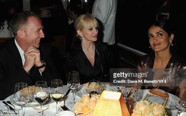 François-Henri Pinault and actresses Ellen Barkin and Salma Hayek attend the Vanity Fair and Gucci Party Honoring Martin Scorsese during the 63rd...