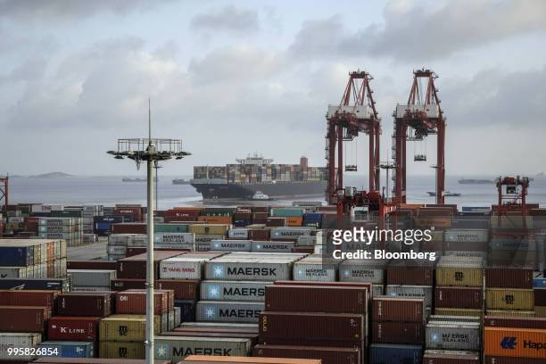 The Soro Enshi container ship, operated by A.P. Moller-Maersk A/S, sails from Yangshan Deep Water Port in Shanghai, China, on Tuesday, July 10, 2018....