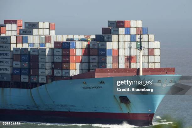 The Soro Maesk container ship, operated by A.P. Moller-Maersk A/S, sails towards Yangshan Deep Water Port in Shanghai, China, on Tuesday, July 10,...