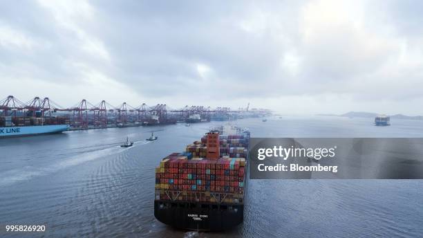 The Soro Enshi container ship, operated by A.P. Moller-Maersk A/S, sails from Yangshan Deep Water Port in this aerial photograph taken in Shanghai,...