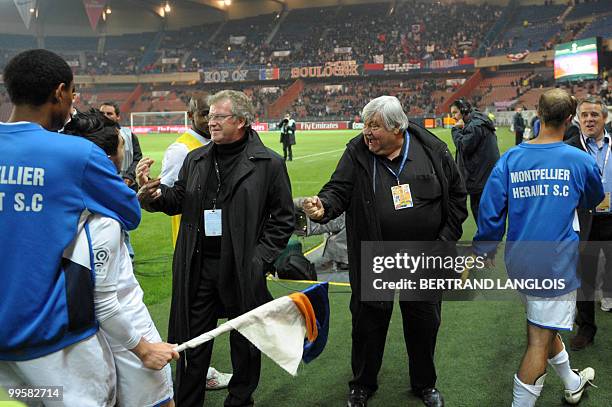 Montpellier's president Louis Nicollin congratulates his players after winning their French L1 football match Paris Saint-Germain vs. Montpellier at...