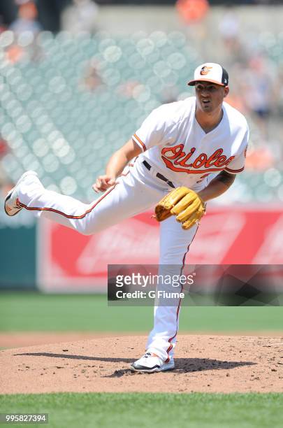 Kevin Gausman of the Baltimore Orioles pitches against the Los Angeles Angels at Oriole Park at Camden Yards on July 1, 2018 in Baltimore, Maryland.