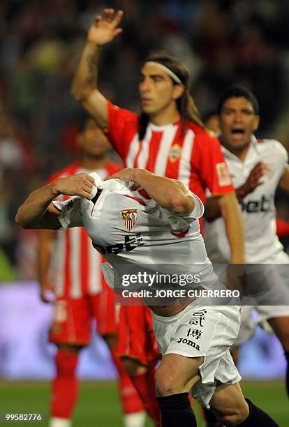 Sevilla's Rodri celebrates after scoring against Almeria during a Spanish league football match at Juegos del Mediterraneo stadium in Almeria on May...