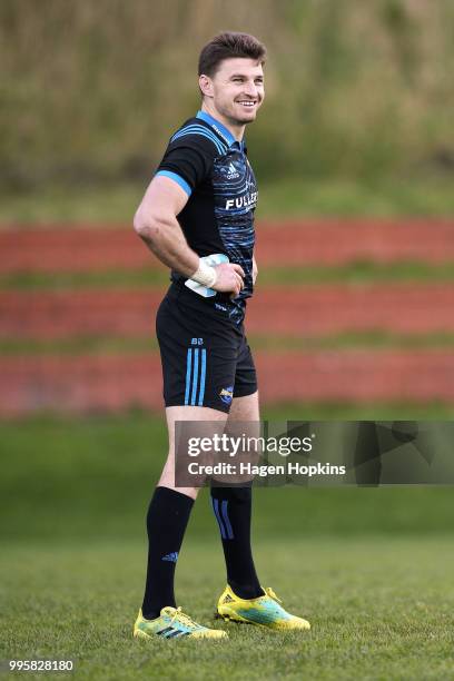 Beauden Barrett looks on during a Hurricanes Super Rugby training session at Rugby League Park on July 11, 2018 in Wellington, New Zealand.