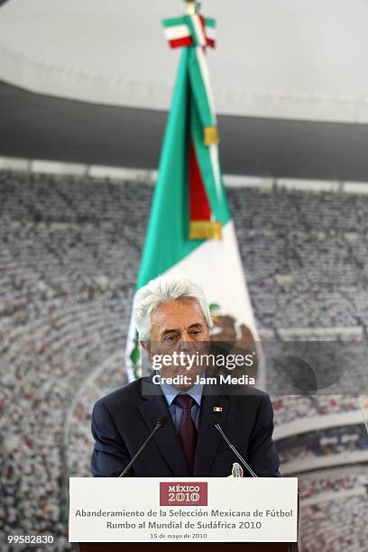 Justino Compean, president of FEMEXFUT, speaks during the flag raising ceremony of the Mexico National Soccer Team at the Mexican Soccer Federation...